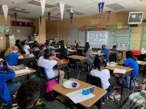 children learning about online safety in classroom.