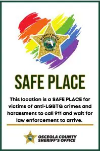 Safe Place sticker for victims of anti-LGBTQ crimes and harassment to call 911 and wait for help.