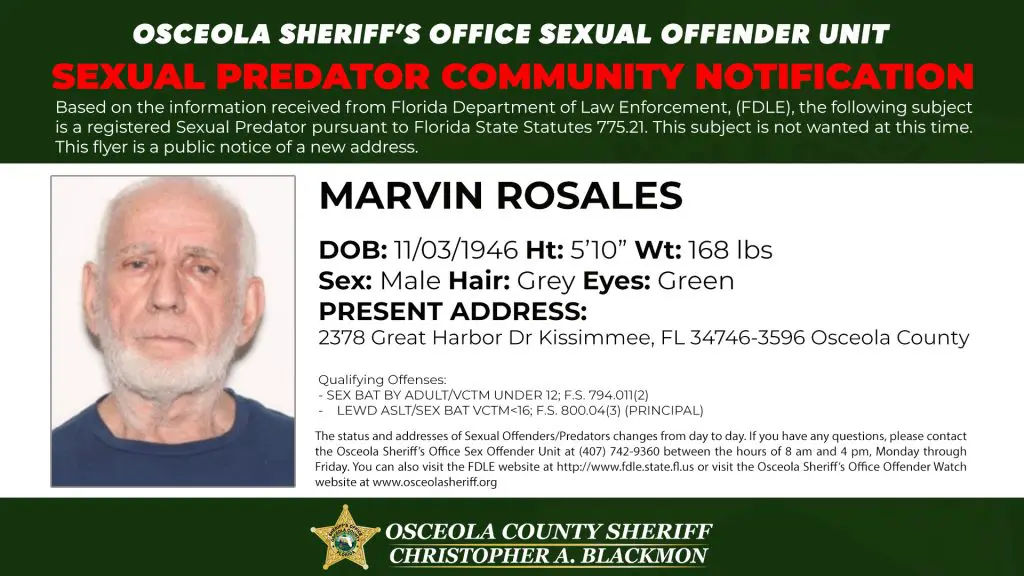 Sexual Predator Community Notification published by the Osceola County Sheriff’s Office informing residents of a registered sexual predator address update