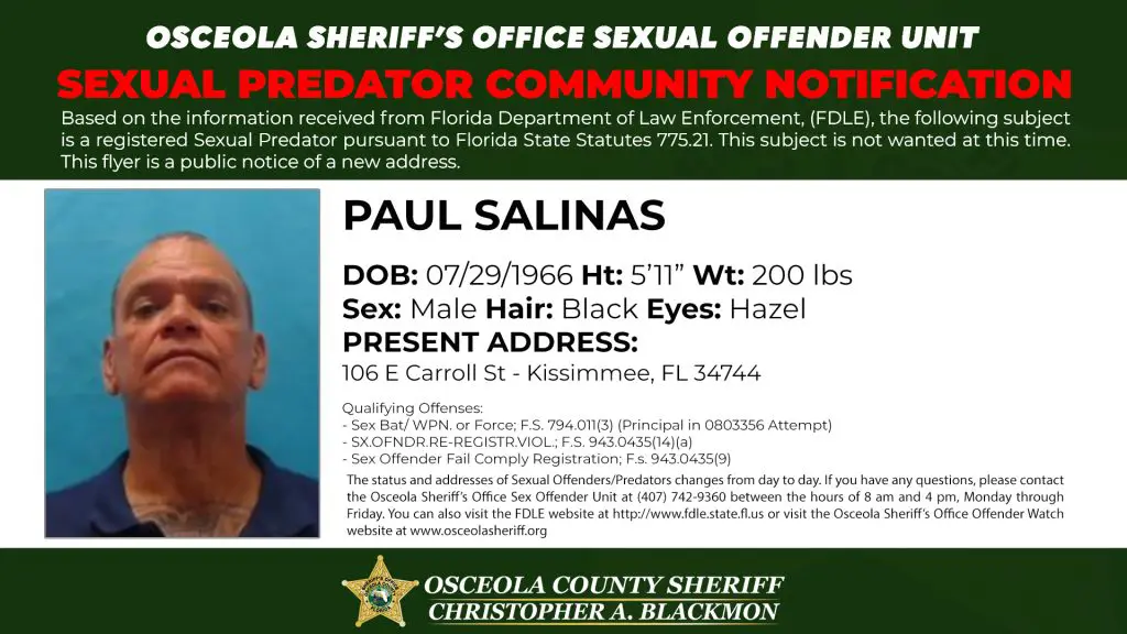 Sexual Predator Community Notification published by the Osceola County Sheriff’s Office informing residents of a registered sexual predator address update