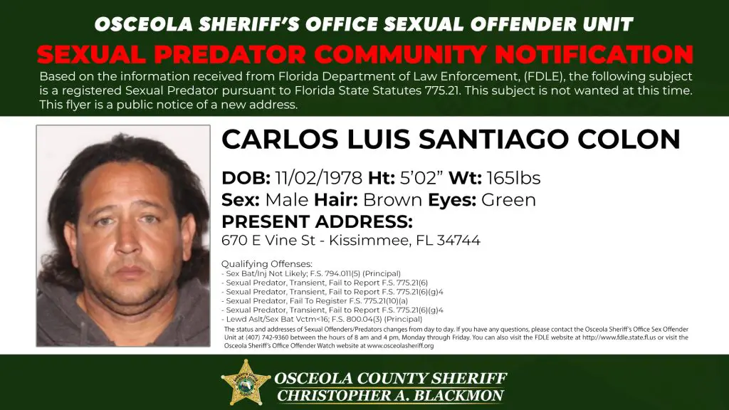 Sexual Predator Community Notification published by the Osceola County Sheriff’s Office informing residents of a registered sexual predator address update