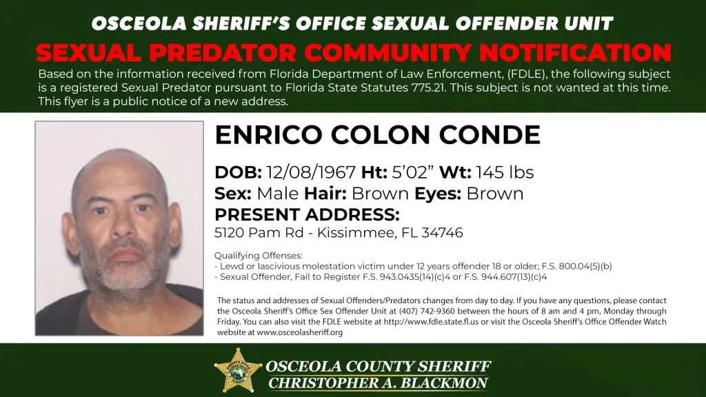 Sexual Predator Community Notification published by the Osceola County Sheriff’s Office informing residents of a registered sexual predator address update