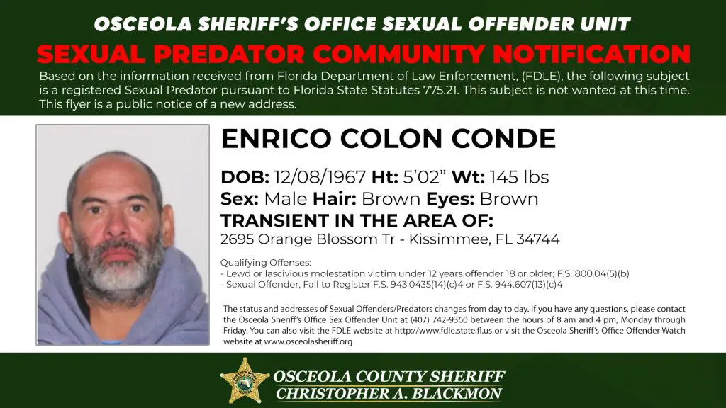 Sexual Predator Community Notification published by the Osceola County Sheriff’s Office informing residents of a registered sexual predator address update