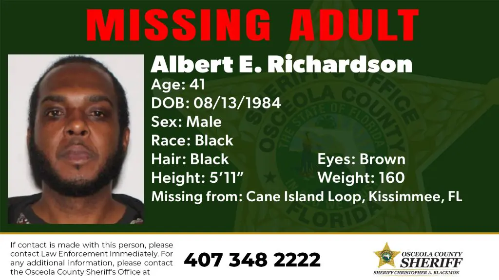 Missing adult alert issued by the Osceola County Sheriff’s Office showing Albert E. Richardson, reported missing from Kissimmee, Florida