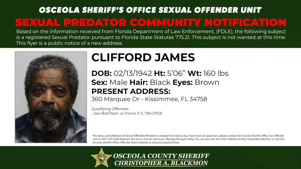 Sexual Predator Community Notification published by the Osceola County Sheriff’s Office informing residents of a registered sexual predator address update