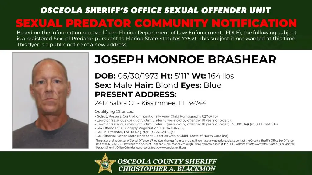 Sexual Predator Community Notification published by the Osceola County Sheriff’s Office informing residents of a registered sexual predator address update