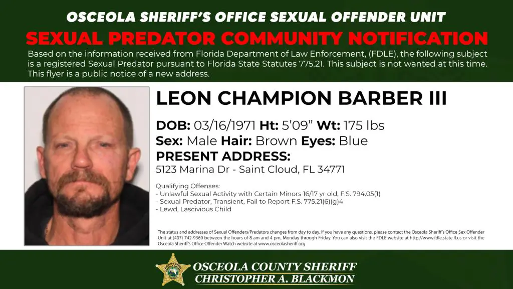 Sexual Predator Community Notification published by the Osceola County Sheriff’s Office informing residents of a registered sexual predator address update