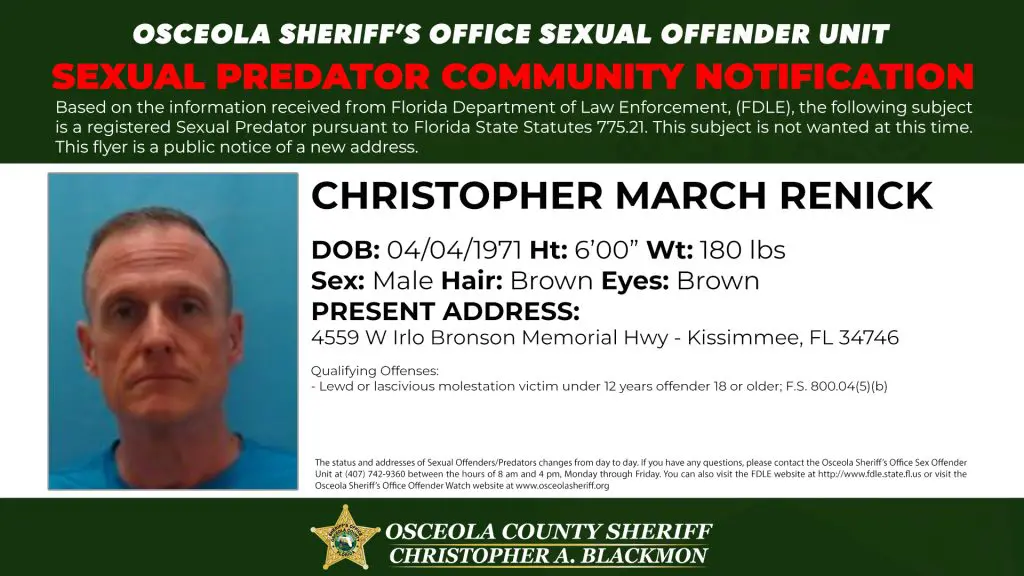 Sexual Predator Community Notification published by the Osceola County Sheriff’s Office informing residents of a registered sexual predator address update