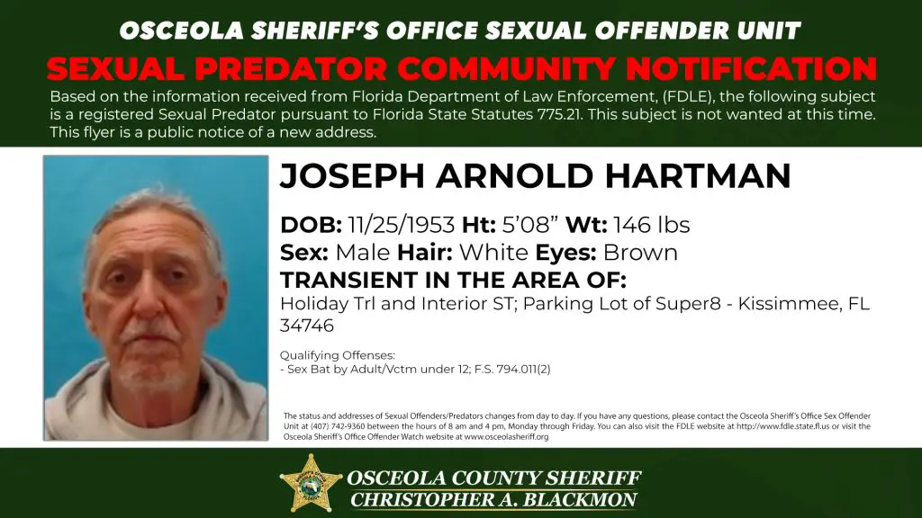 Sexual Predator Community Notification published by the Osceola County Sheriff’s Office informing residents of a registered sexual predator address update