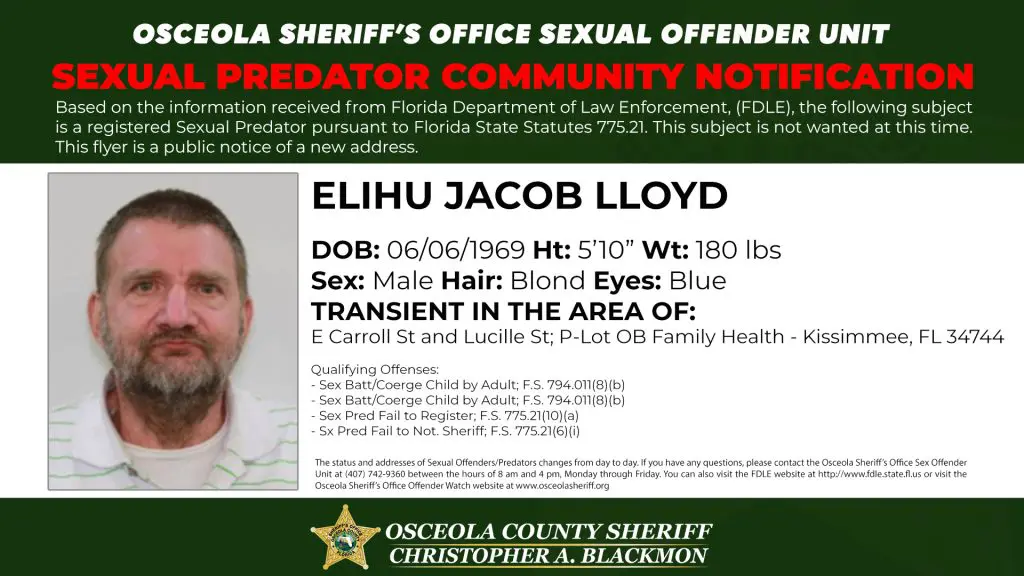 Sexual Predator Community Notification published by the Osceola County Sheriff’s Office informing residents of a registered sexual predator address update