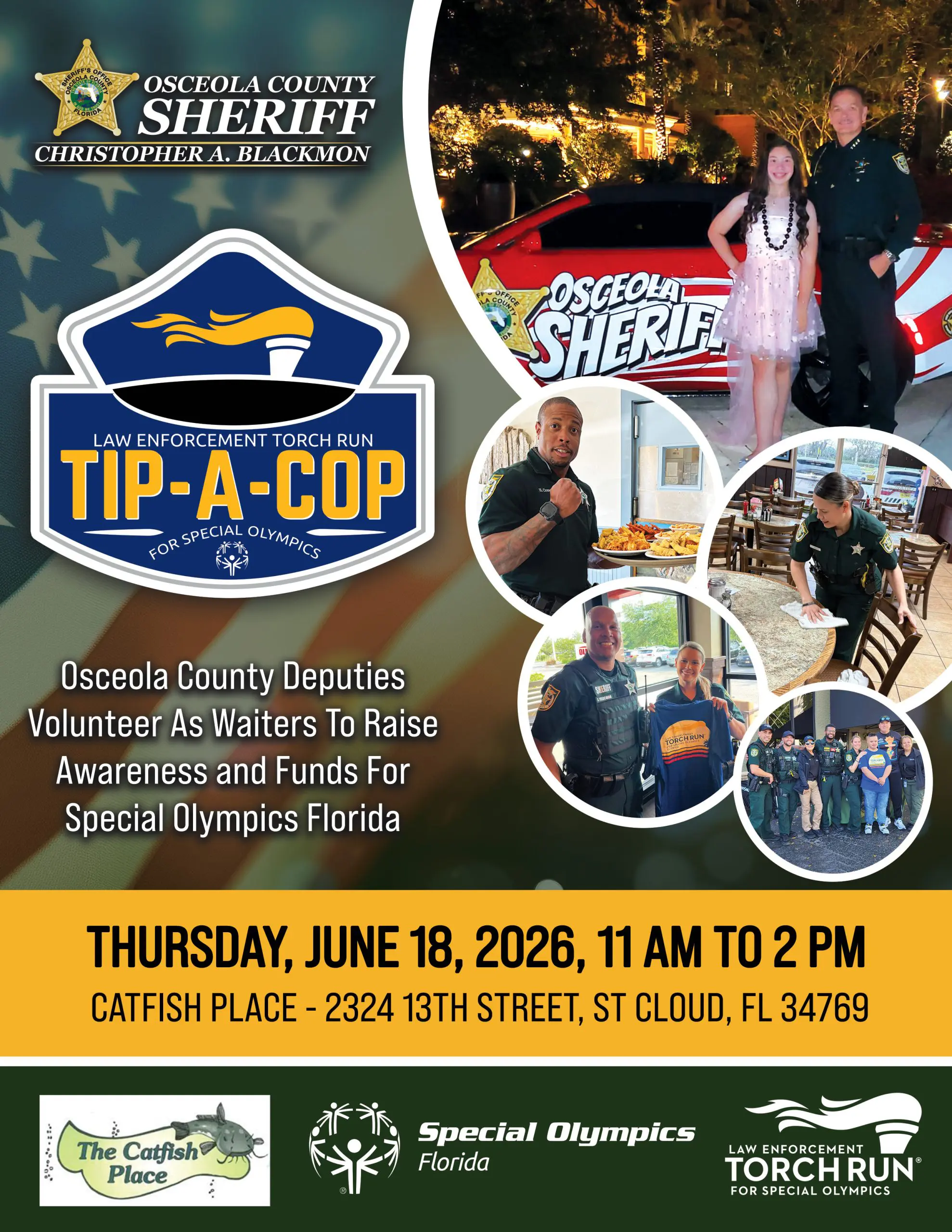 Tip a Cop event flyer by the Osceola County Sheriff’s Office supporting Special Olympics Florida at Catfish Place in St. Cloud with deputies serving the community