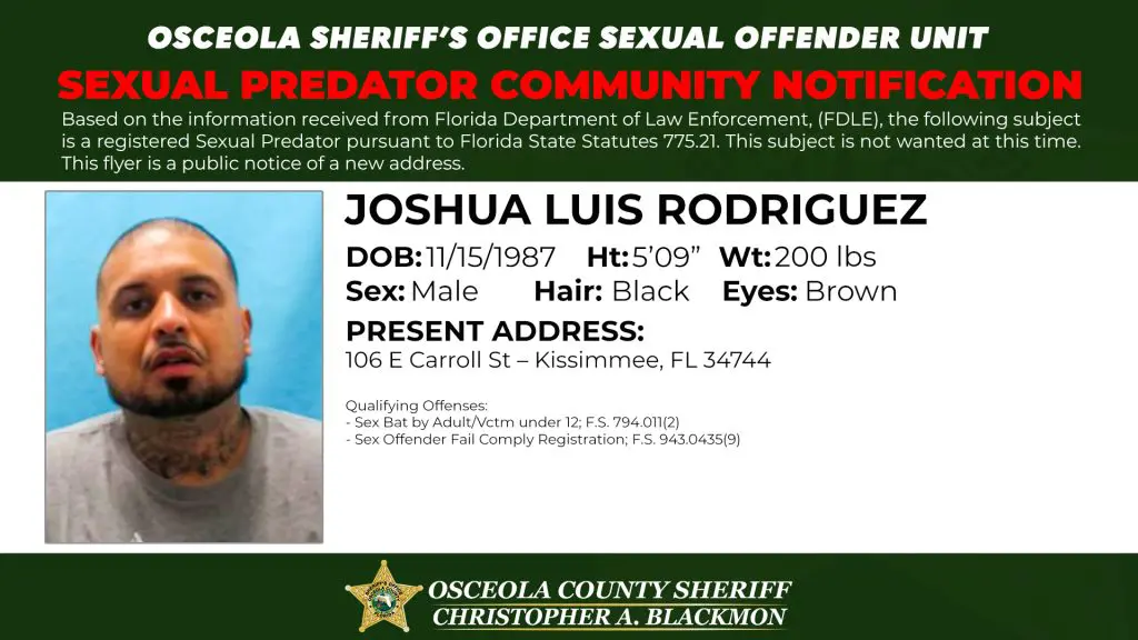 Sexual Predator Community Notification published by the Osceola County Sheriff’s Office informing residents of a registered sexual predator address update