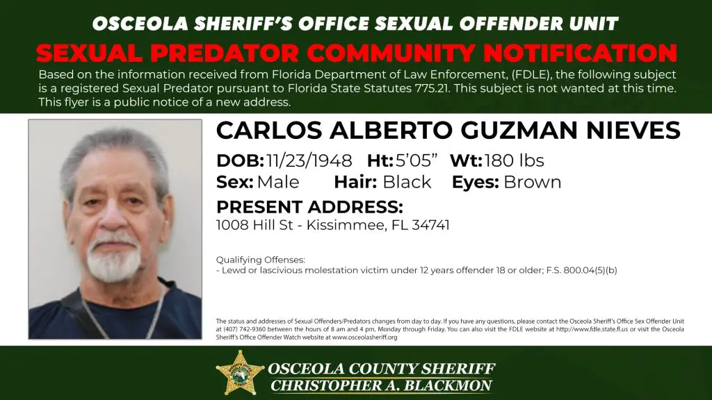 Sexual Predator Community Notification published by the Osceola County Sheriff’s Office informing residents of a registered sexual predator address update