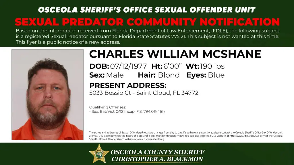 Sexual Predator Community Notification published by the Osceola County Sheriff’s Office informing residents of a registered sexual predator address update