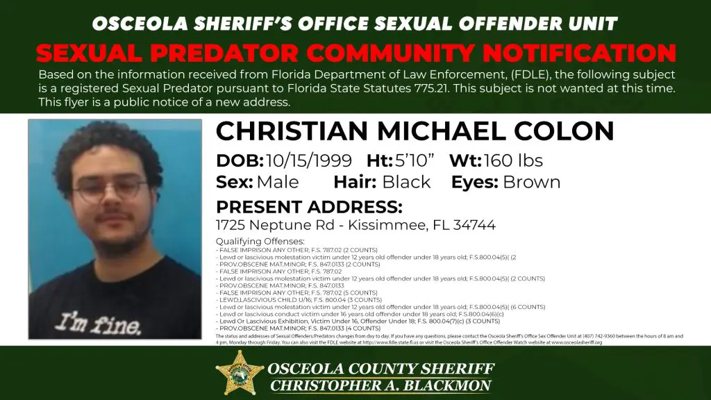 Sexual Predator Community Notification published by the Osceola County Sheriff’s Office informing residents of a registered sexual predator address update