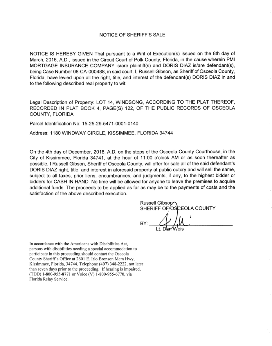 Notice of Sheriff's Sale Osceola County Sheriff's Office Sheriff Marco Lopez