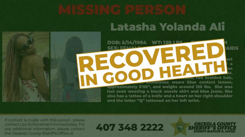 UPDATE MISSING MISSING ADULT - Latasha Yolanda Ali has been found in good health. #sheriffmarcoslopez #TogetherAsOne #osceolacounty #unitedforosceolacounty #lawenforcement #protectandserve