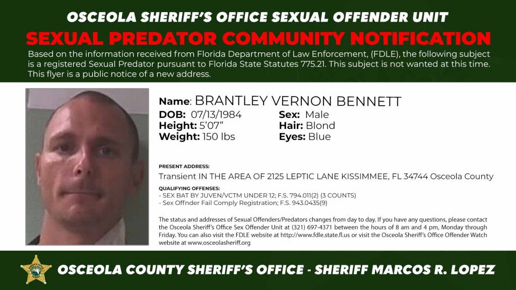 BRANTLEY VERNON BENNETT - Sexual Predator Notification