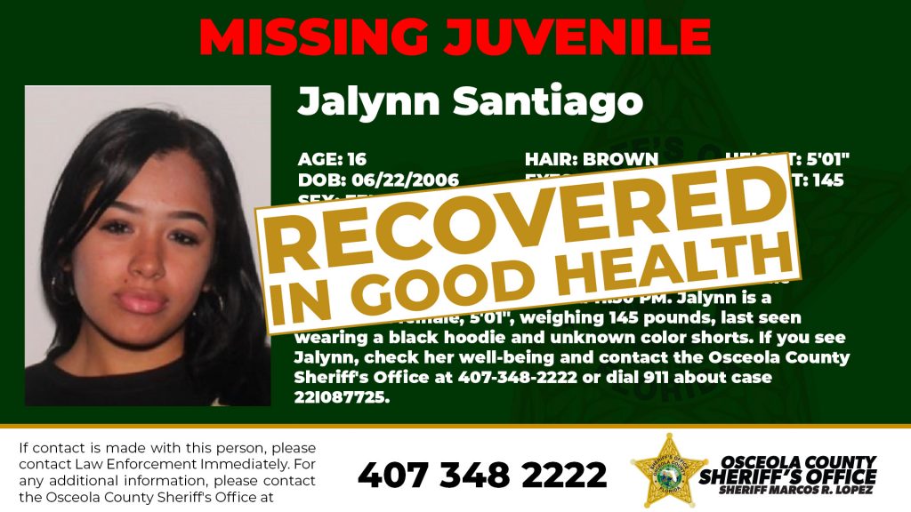 🚨🚨UPDATE MISSING JUVENILE - Jalynn Santiago 🚨🚨- Has been found in good health. #sheriffmarcoslopez #TogetherAsOne #osceolacounty #unitedforosceolacounty #lawenforcement #protectandserve