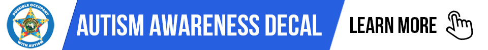 A horizontal button with a blue slanted section reading "AUTISM AWARENESS DECAL" in white block letters. To the left is a circular emblem with a star and the text "POSSIBLE OCCUPANT WITH AUTISM." To the right, black text reads "LEARN MORE" next to a hand-click icon.