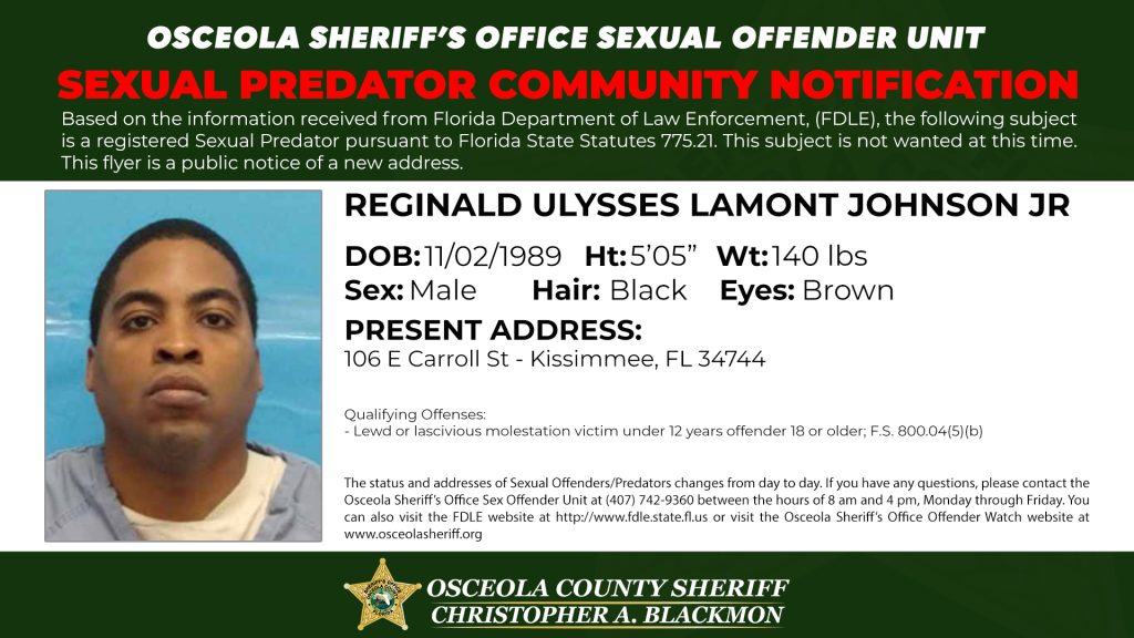 Sexual Predator Community Notification published by the Osceola County Sheriff’s Office informing residents of a registered sexual predator address update